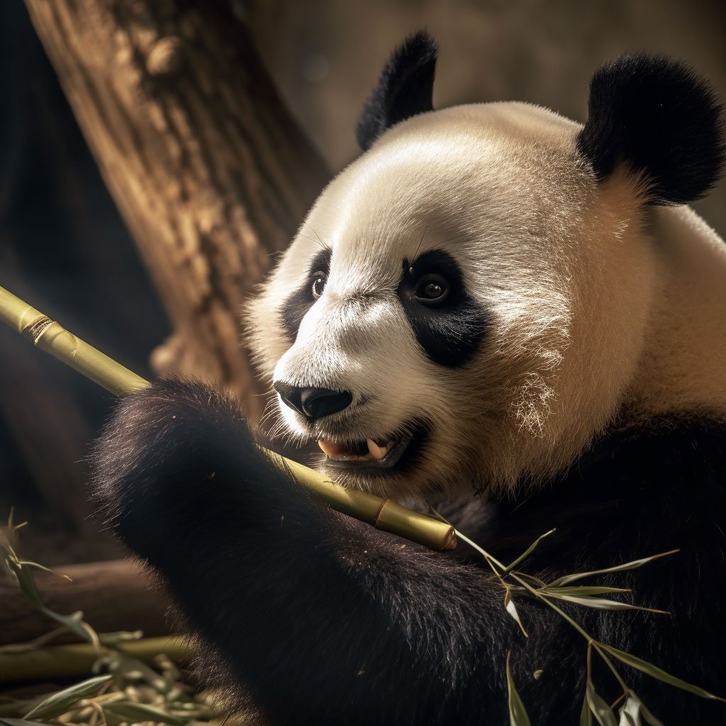A captivating close-up shot of a giant panda, with its distinctive black and white markings, playfully chewing on a bamboo shoot.