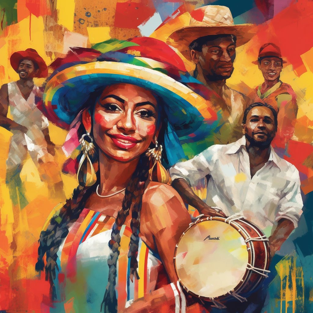 A captivating image showcasing Colombia's vibrant culture. It a collage of pictures showing Colombian dance, music, cuisine, and people, or a single image that encapsulates the spirit of the country's diverse cultural practices.