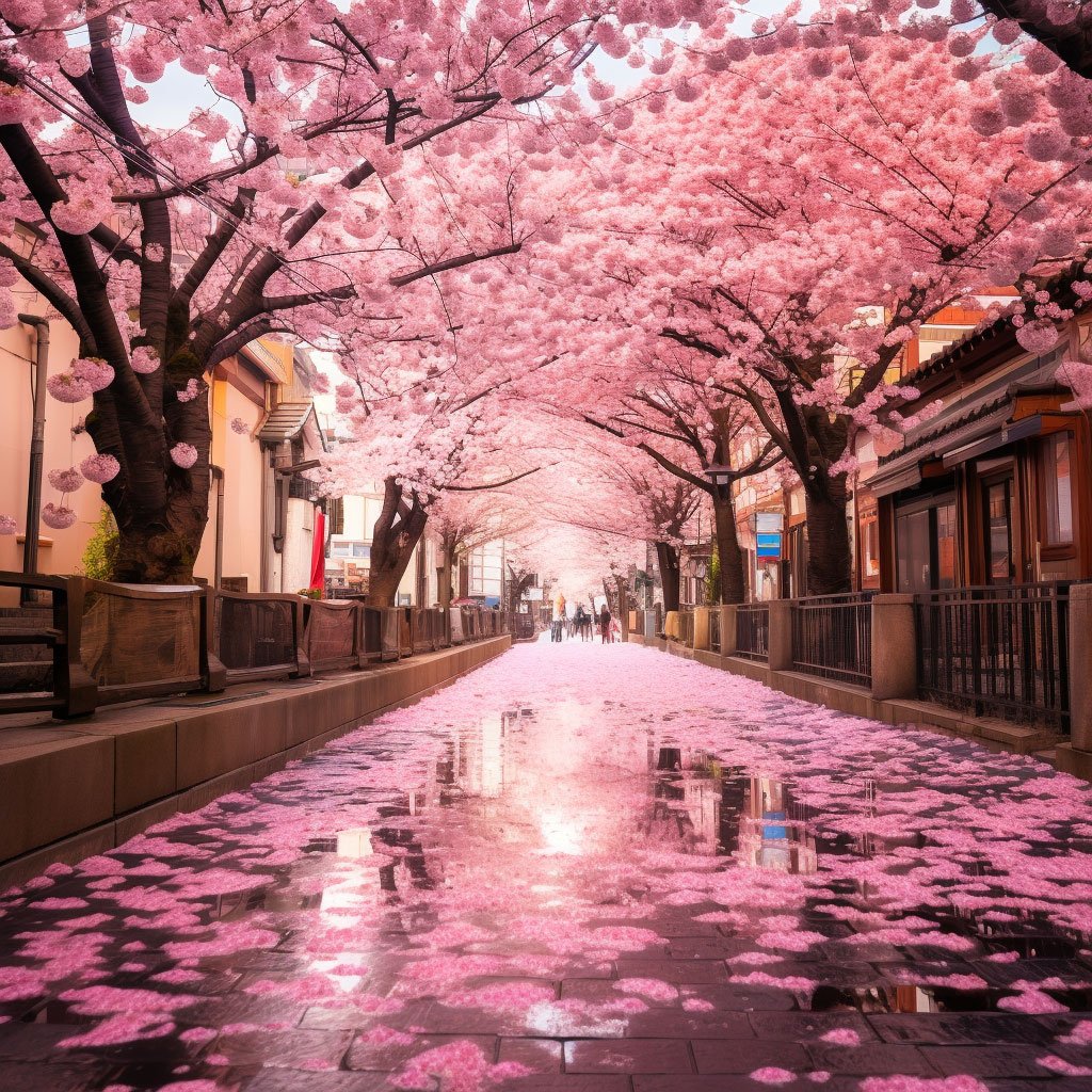 A captivating shot of a street lined with cherry blossom trees in full bloom.