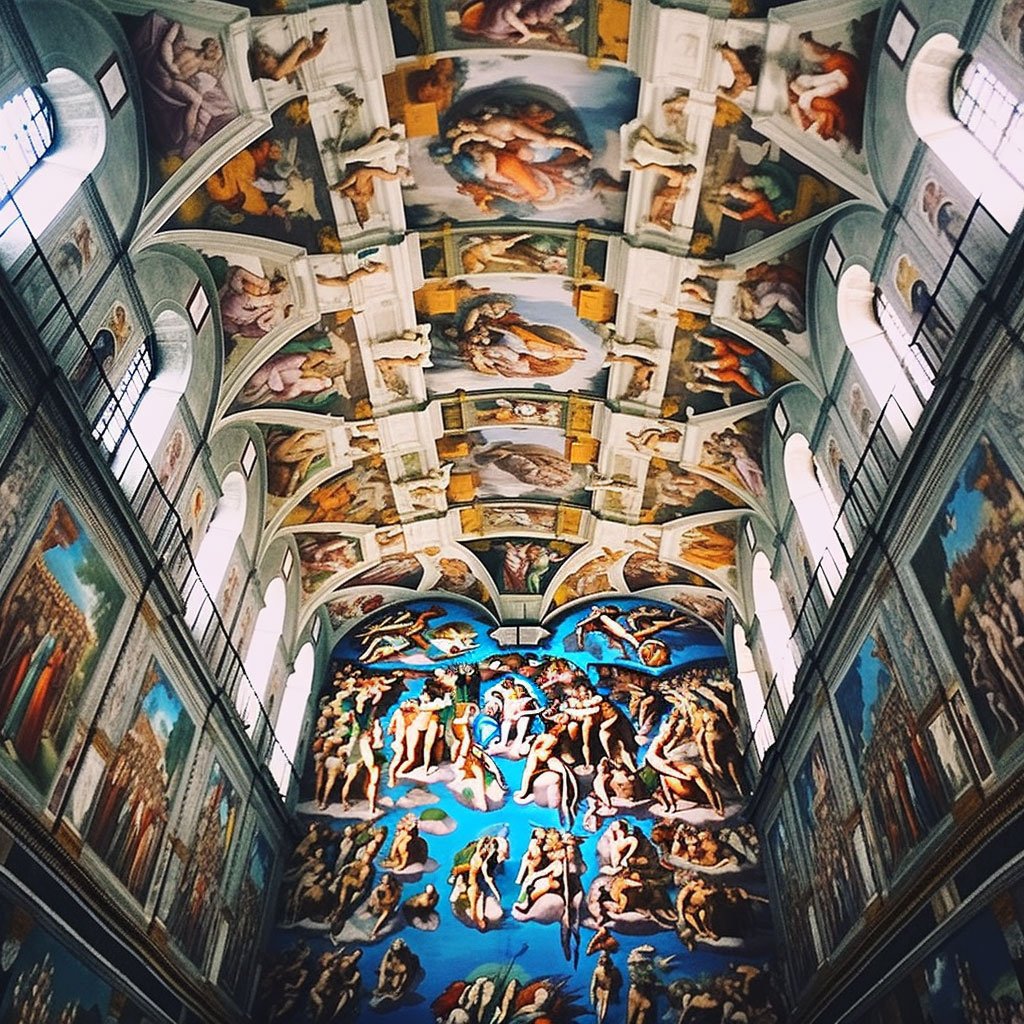 A captivating shot of the Sistine Chapel ceiling showcasing Michelangelo's astounding frescoes.