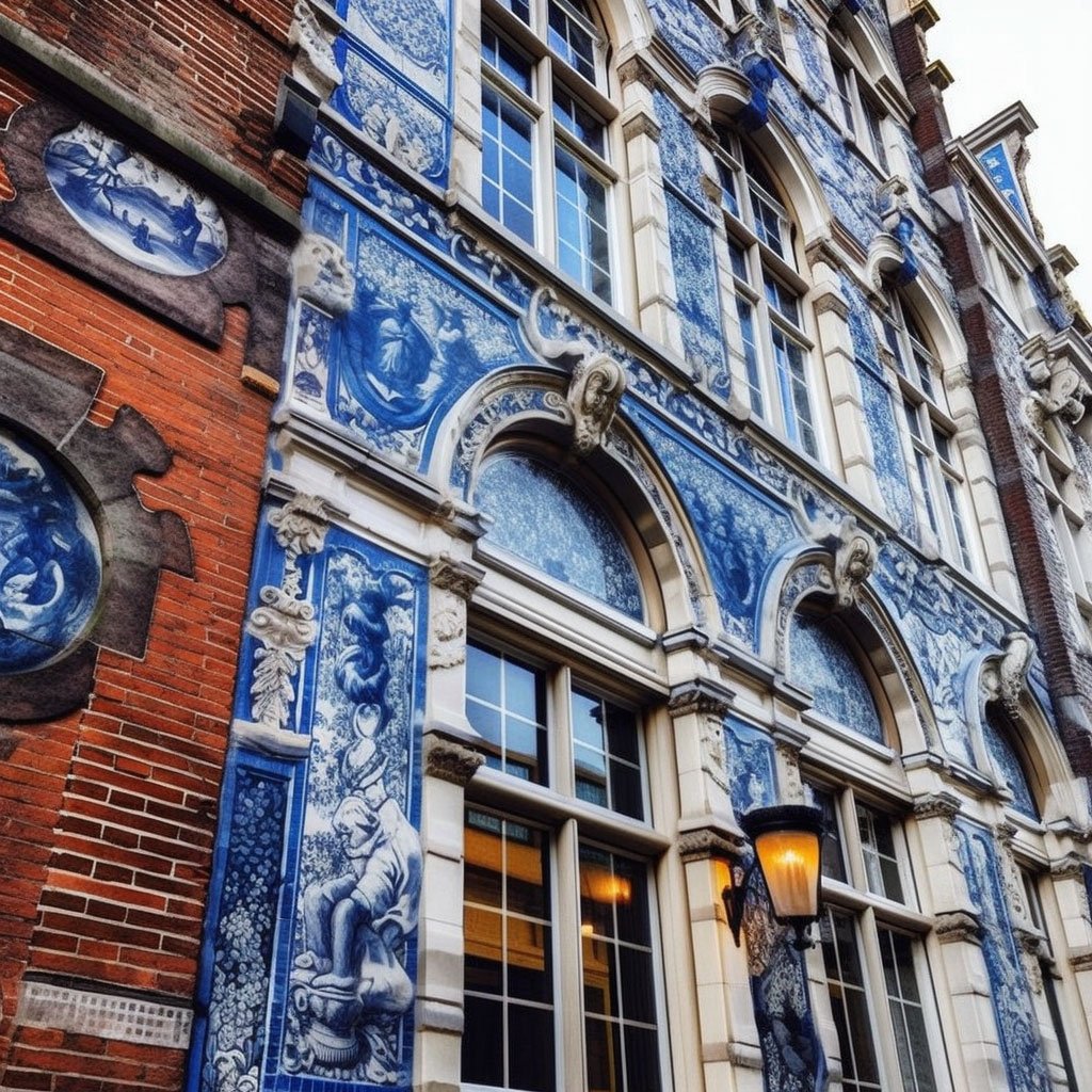 A captivating shot of the old VOC building in Amsterdam along with pieces of Delft Blue porcelain.