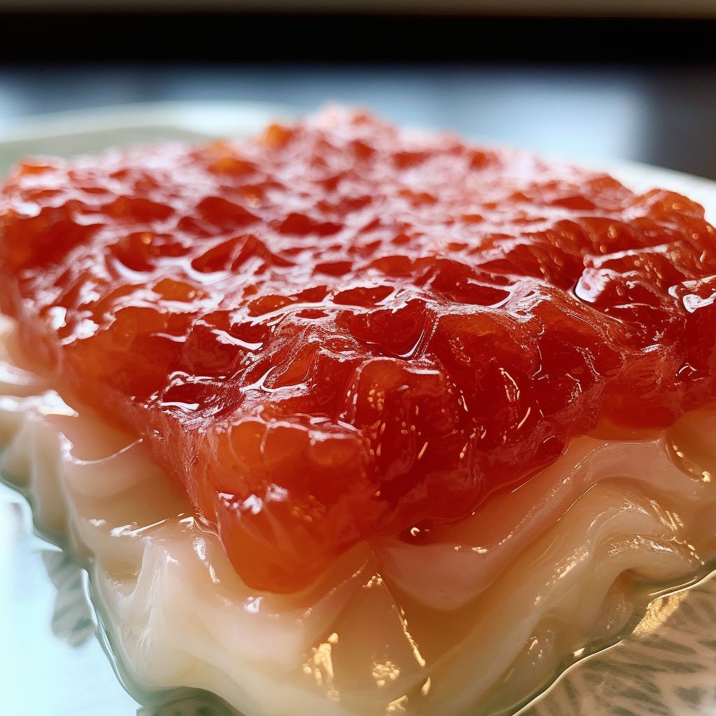 A close-up of lutefisk, showcasing its jelly-like texture and sheen.