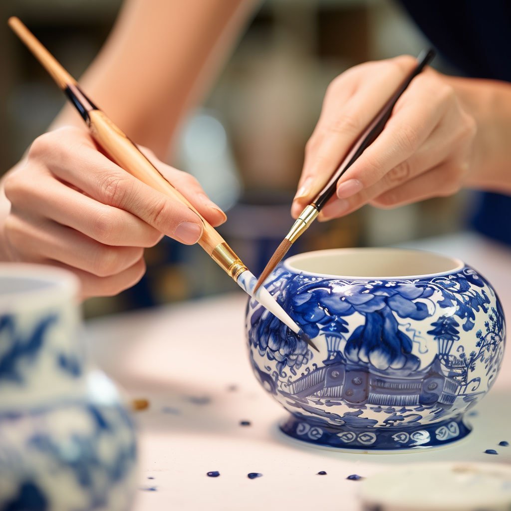 A close-up shot of a Delft Blue artist hand-painting a ceramic piece.
