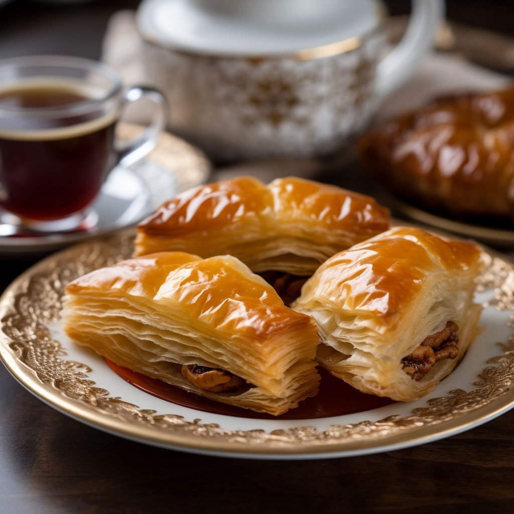 A close-up shot of a traditional Turkish Baklava with a cup of Turkish tea.