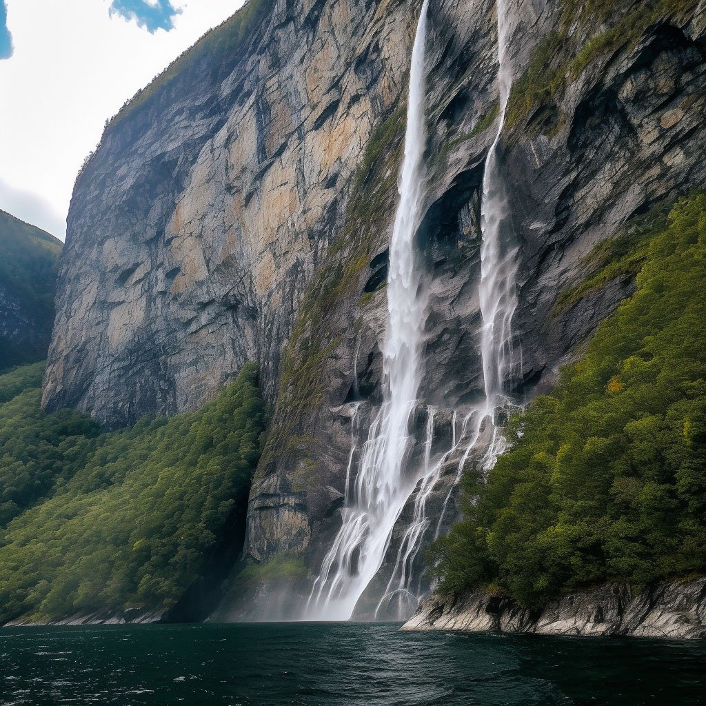 A close-up shot of the Seven Sisters waterfall cascading down the steep cliff sides of the fjord.