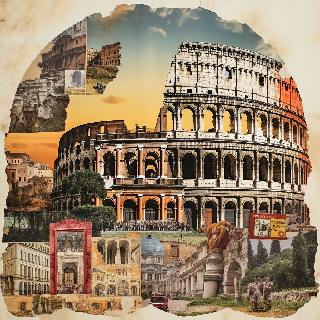 A collage featuring prominent historical sites in Italy like the Colosseum, Pompeii, and the Pantheon.