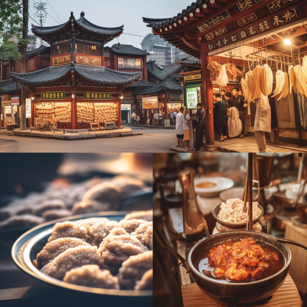 A collage of Korean BBQ, Korean street food, a traditional market, and Jeonju cityscape.