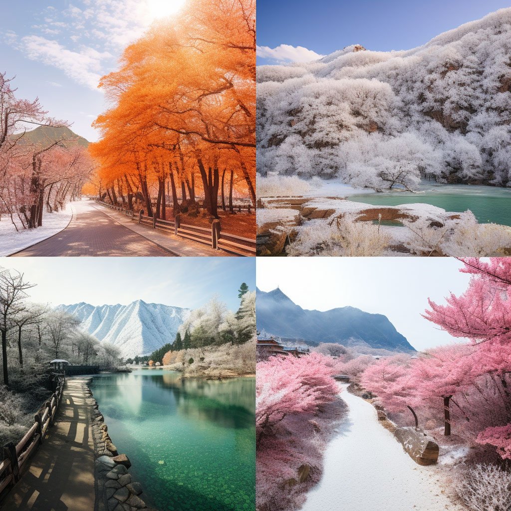 A heartwarming compilation of images showcasing the transformative beauty of each season in South Korea - cherry blossoms in spring, a vibrant beach in summer, colorful foliage in autumn, and a serene snowscape in winter.