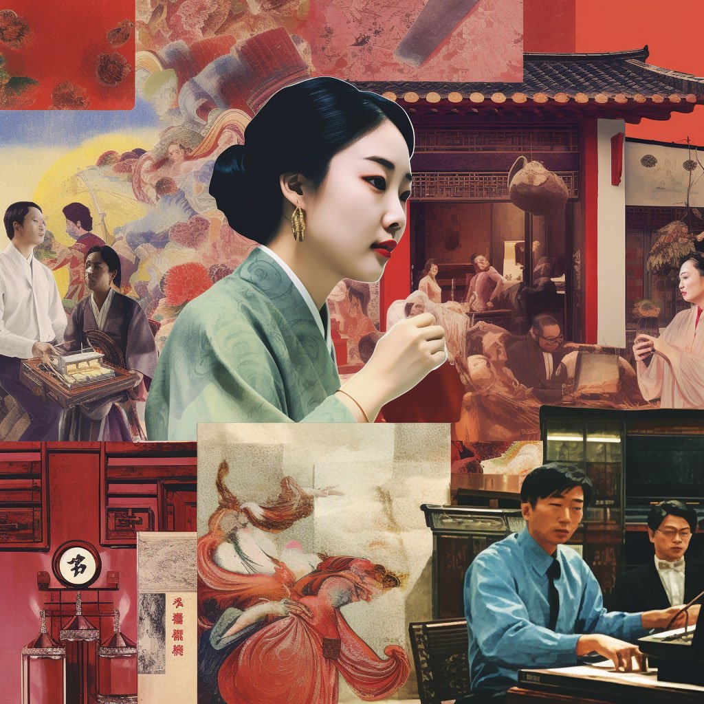 A collage of different aspects of modern Chinese art and culture, such as a snapshot of an art district, a still from a contemporary Chinese film, and a lively music concert.