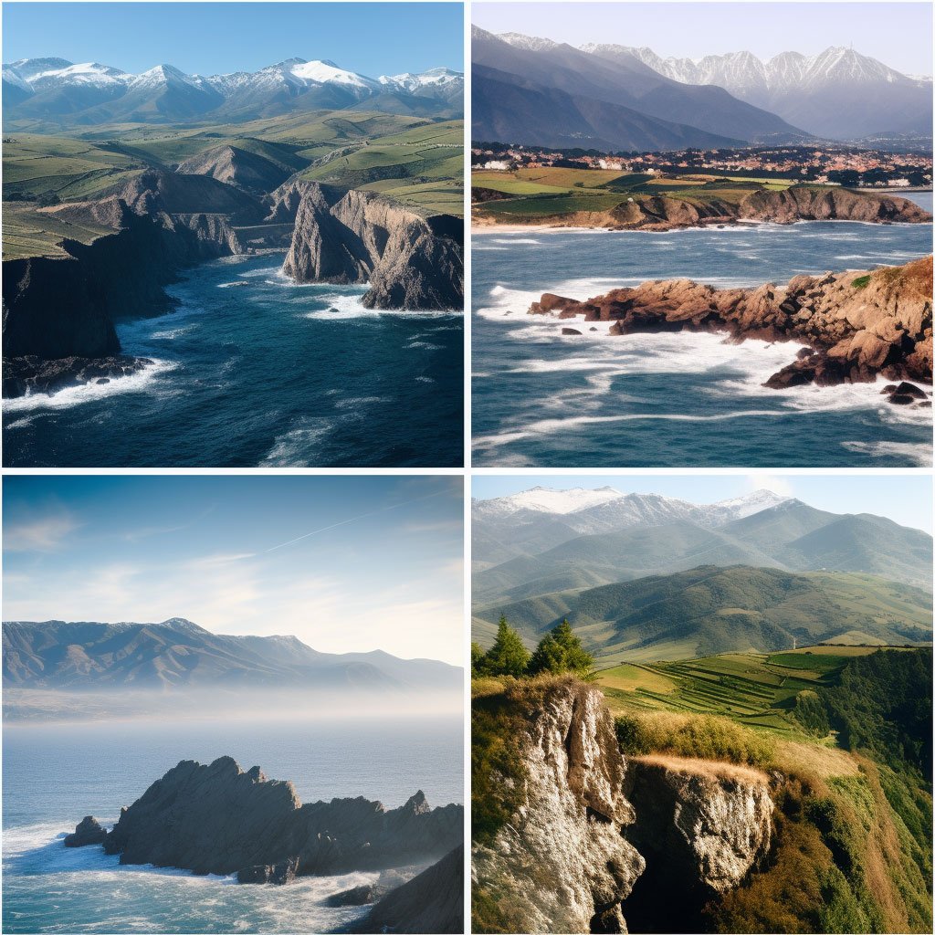 A collage of images showing the Pyrenees, the Bay of Biscay, Sierra Nevada, and Costa Brava.