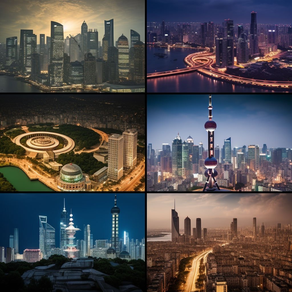A collage of the iconic cityscapes of Beijing, Shanghai, Guangzhou, and Shenzhen. The collage might feature landmarks such as the Forbidden City in Beijing, the Bund in Shanghai, the Canton Tower in Guangzhou, and the modern skyscrapers of Shenzhen. The image is capturing the vibrancy and energy of these mega cities and their unique mix of traditional and modern elements. 