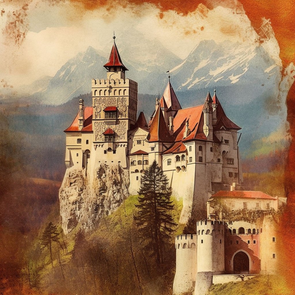 A montage of Bran Castle, Corvin Castle, and Peleș Castle with the beautiful Romanian landscape as a backdrop.