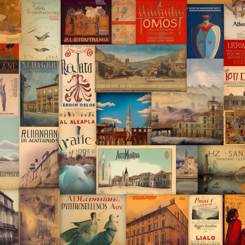 A composition of images featuring the covers of famous Spanish literary works, Spanish language courses, and different regions of Spain.