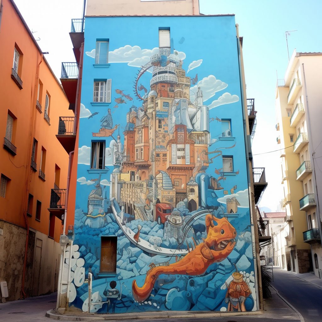 A detailed mural in the Le Panier district of Marseille.