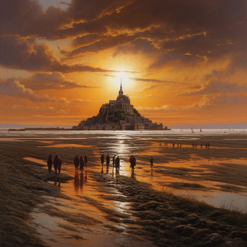 A distant view of Mont Saint-Michel at sunset, with the tide coming in.