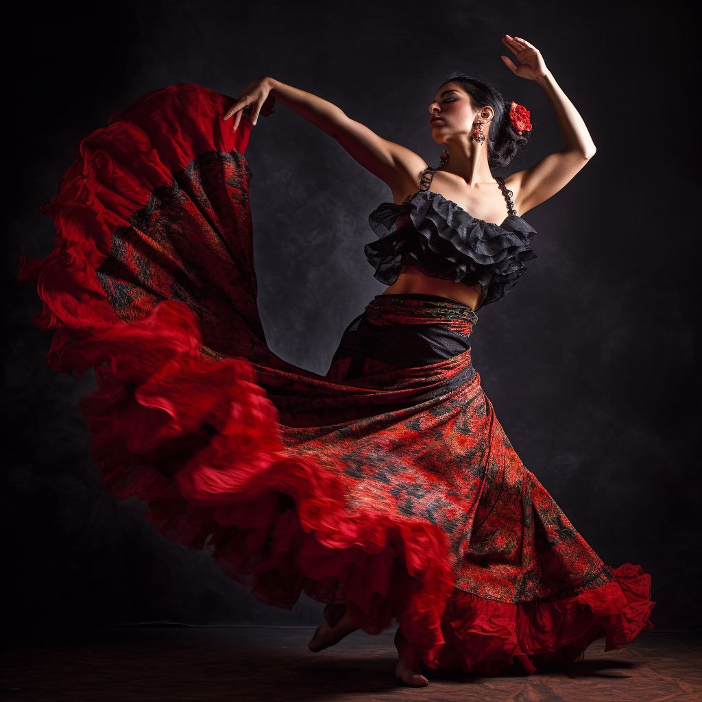 A dramatic action shot of a flamenco dancer mid-performance. 