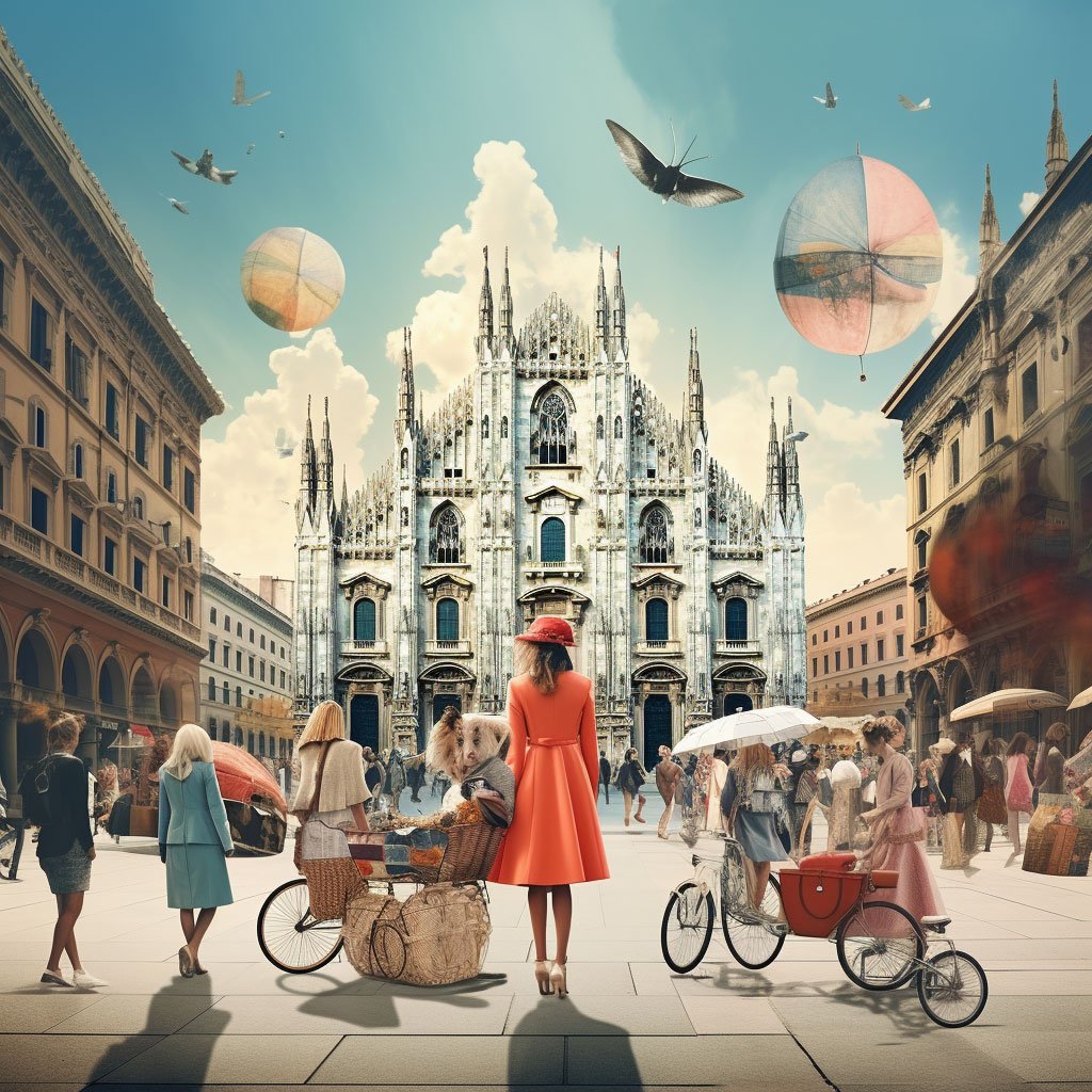 A dynamic collage featuring the Milan Cathedral, an Italian fashion show, designer boutiques, and a bustling flea market.