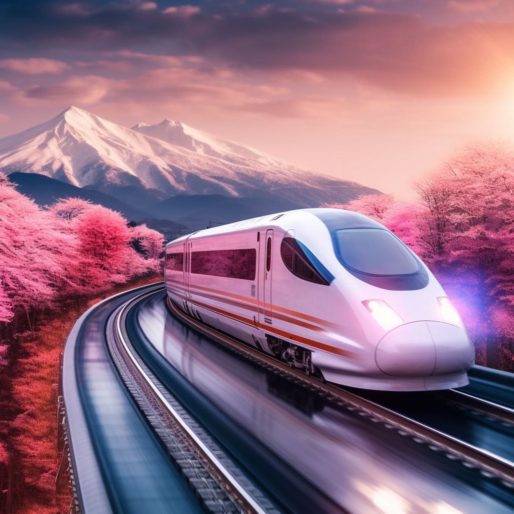 A dynamic shot of a high-speed train speeding through a beautiful Chinese landscape.