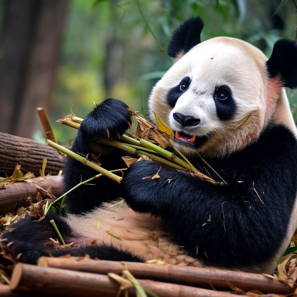 A giant panda lazily munching on bamboo at Chengdu Research Base.