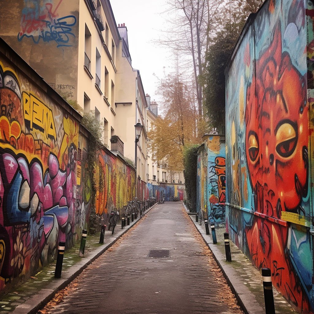 A graffiti-covered street in Belleville, Paris.