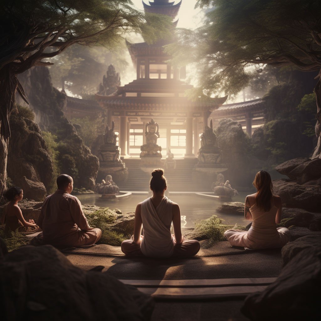 A group of individuals meditating in a peaceful temple setting.