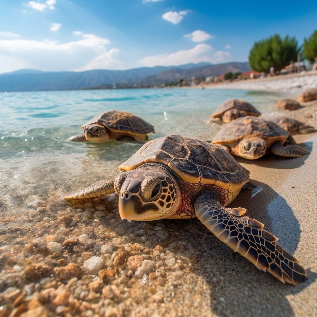 A group of loggerhead sea turtles on a Greek beach.