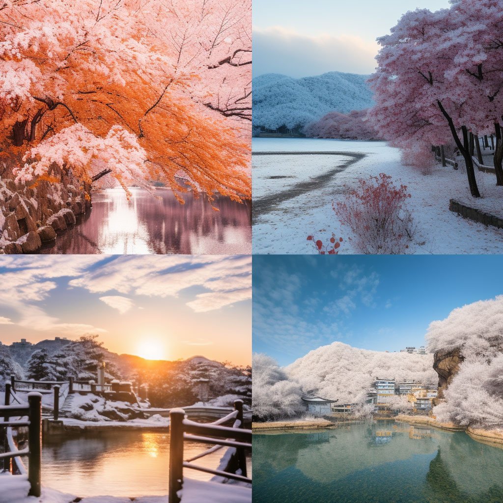 A heartwarming compilation of images showcasing the transformative beauty of each season in South Korea - cherry blossoms in spring, a vibrant beach in summer, colorful foliage in autumn, and a serene snowscape in winter.