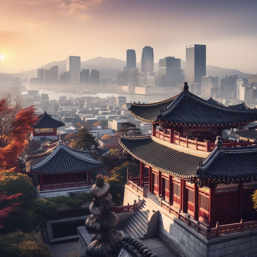 A high-angle shot of the Seoul skyline, showcasing a blend of traditional and modern architectural styles.