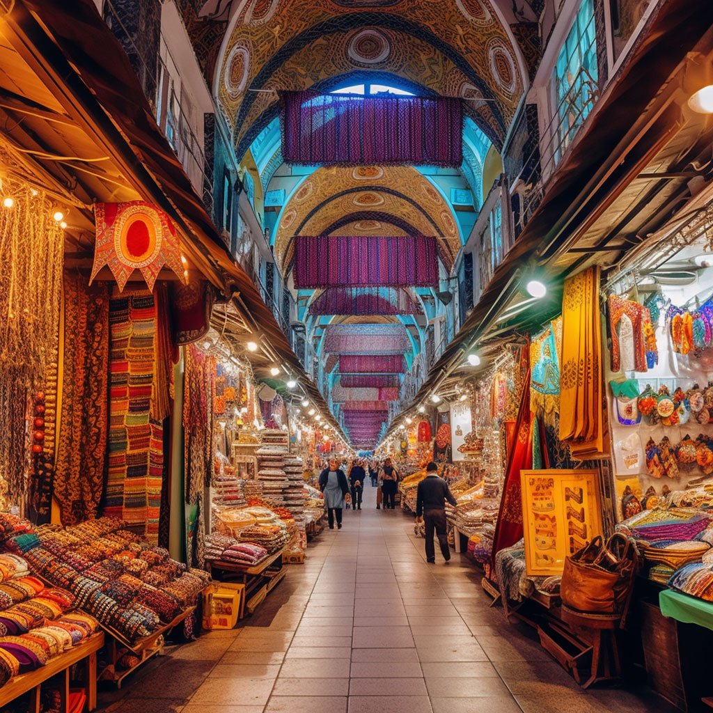 A high-angle shot of the bustling Grand Bazaar in Istanbul, capturing the myriad of colors, array of stalls, and the lively atmosphere. 