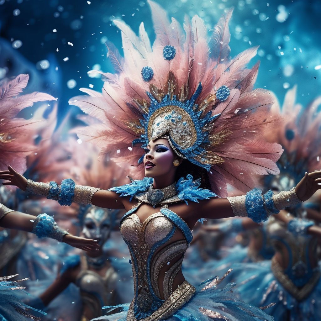 A high-resolution shot capturing the color and energy of the Samba Parade, showcasing the dancers, elaborate floats, and cheering crowds.