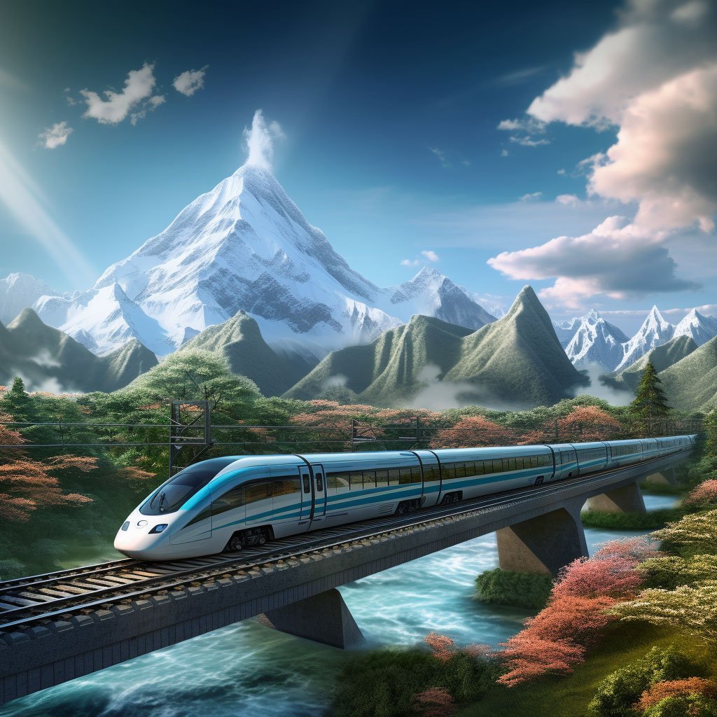 A high-speed train zipping past a beautiful Chinese landscape.