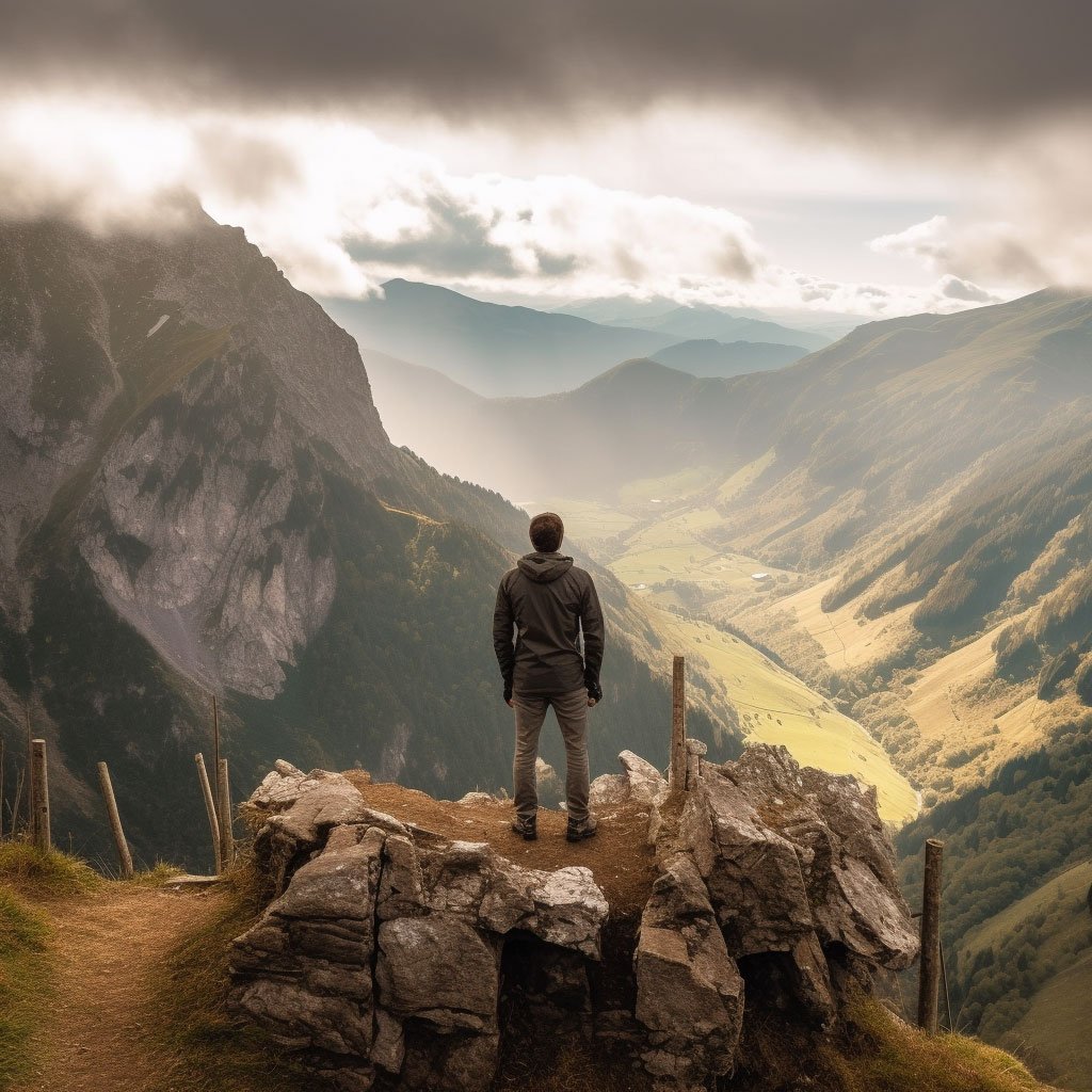 A hiker standing at a viewpoint in the Pyrenees.