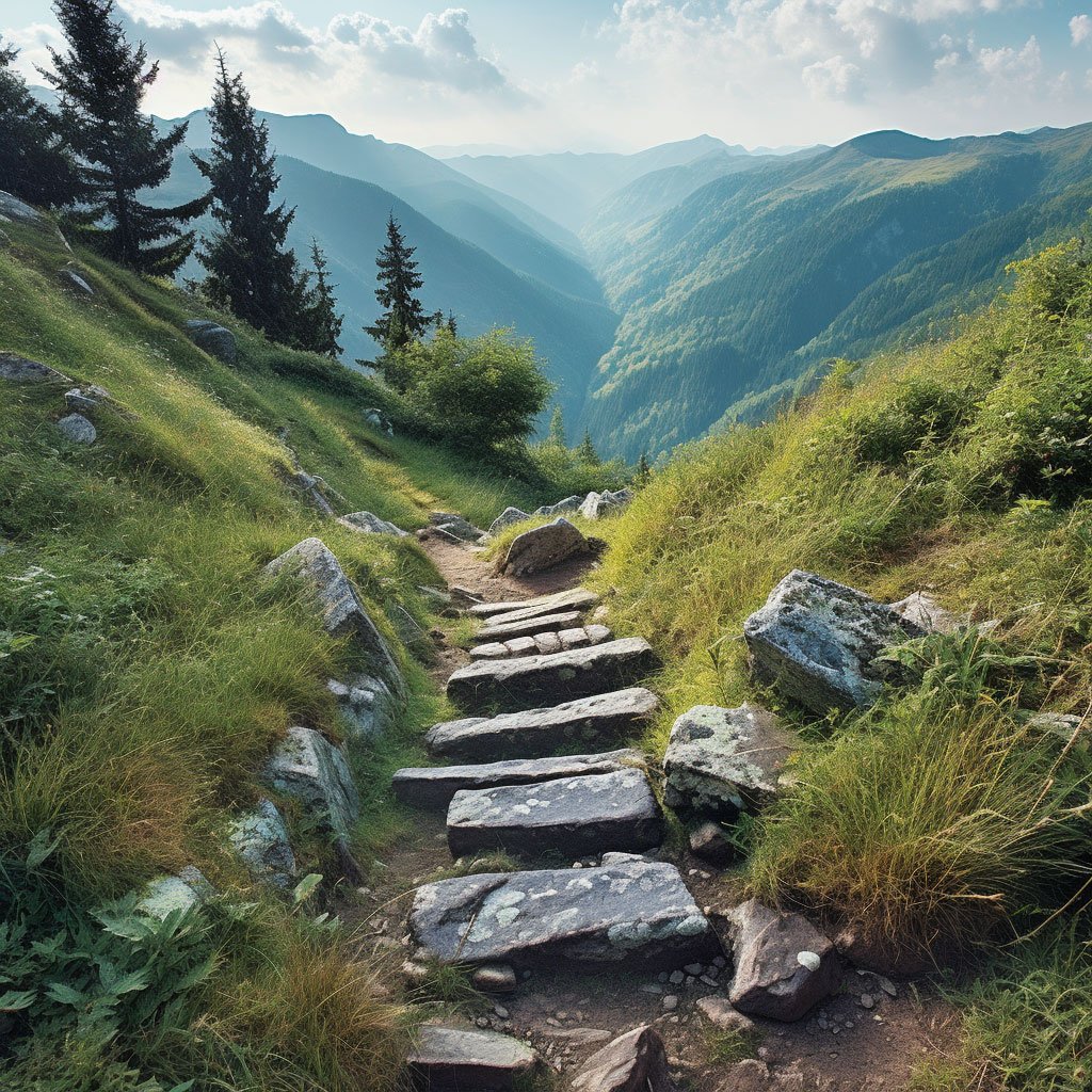 A hiking trail in the Carpathian Mountains with panoramic views.