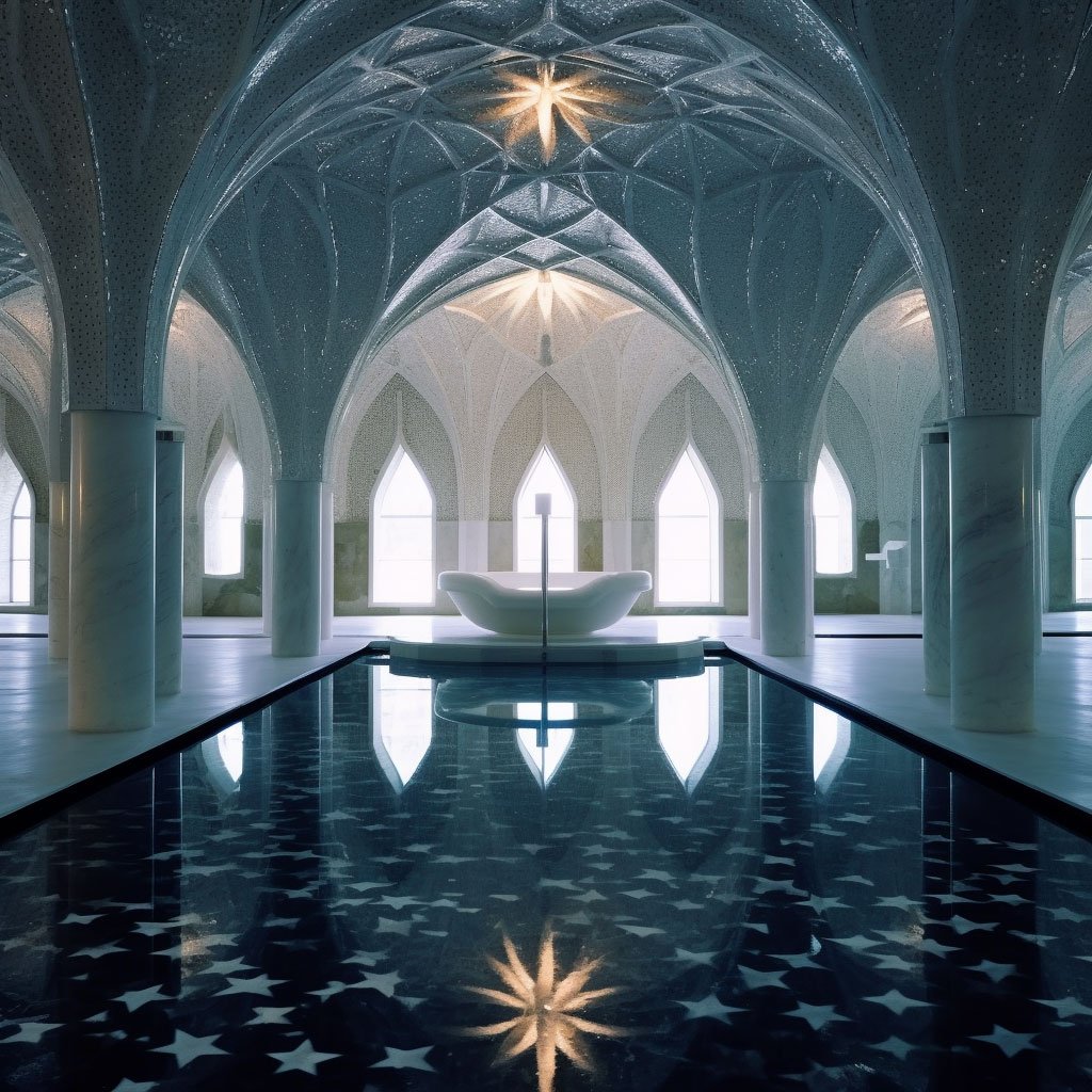 A mesmerizing shot of the Hamam's iconic domed ceiling with light streaming through the star-shaped windows, highlighting the marble floors beneath.