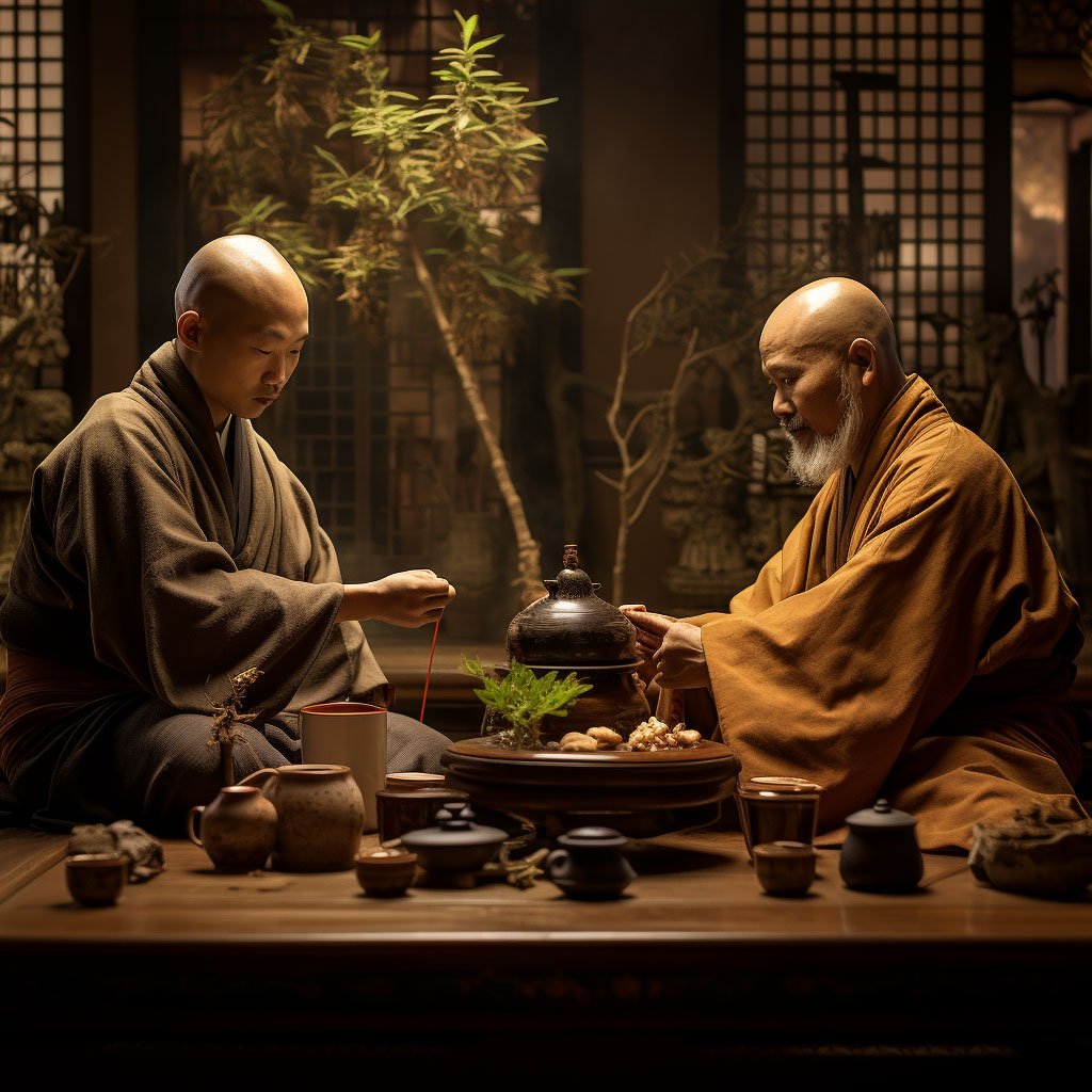 A monk and visitors participating in a tea ceremony.