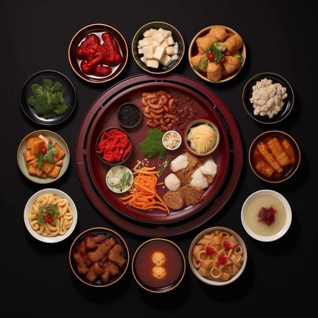 A montage of different Chinese Cuisine, showcasing the variety in color, texture, and presentation from different regional cuisines. 