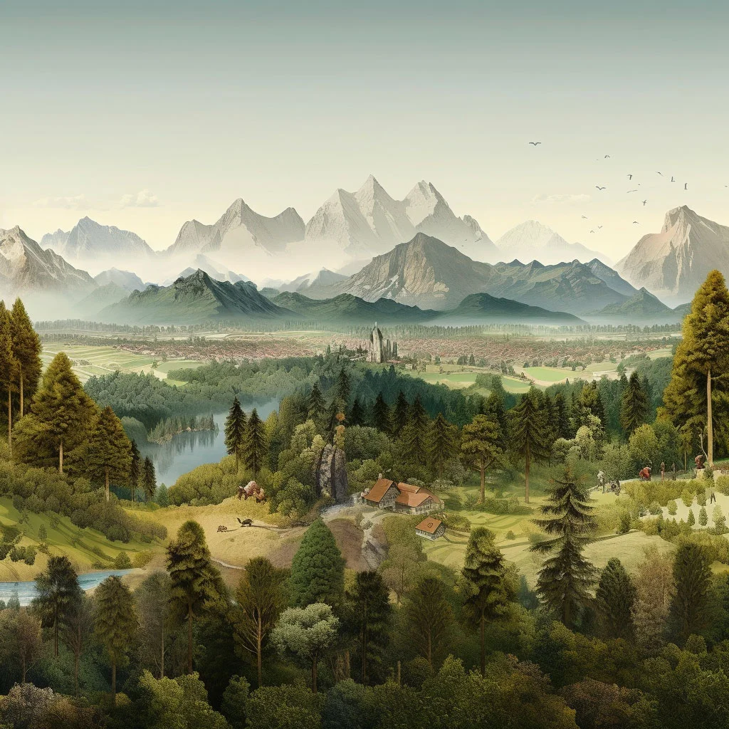 A panorama of Germany's diverse natural landscapes, featuring forests, mountains, and city parks.