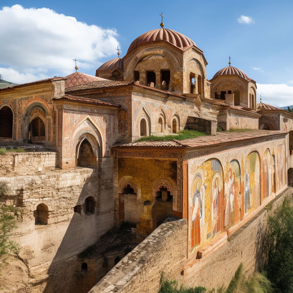 A panorama showcasing a Byzantine monument or a monastery perched on a hill with stunning frescoes on its walls.