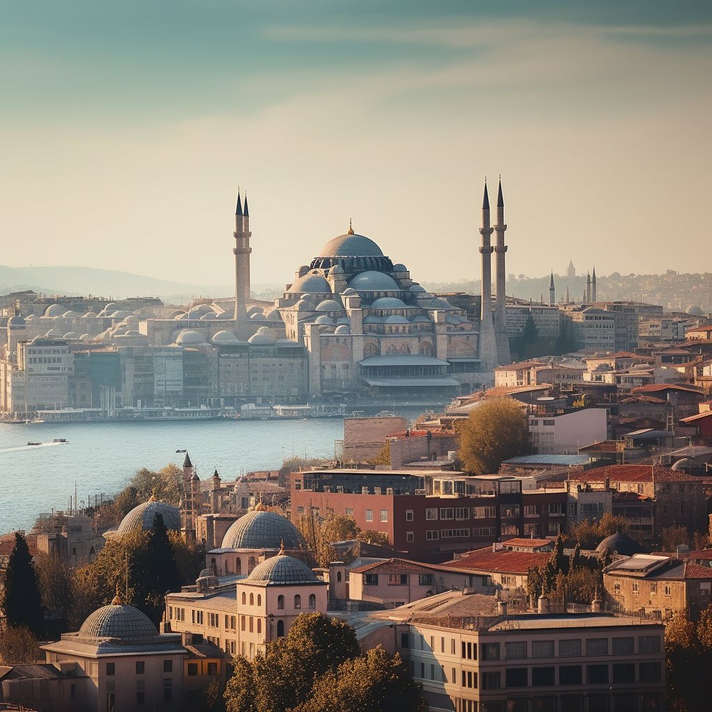 A panoramic photo of Istanbul with the Hagia Sophia and Blue Mosque in sight.