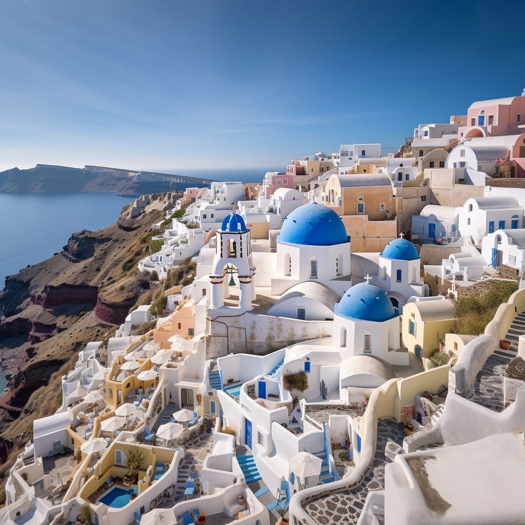 A panoramic shot of Santorini's caldera with white-washed buildings and blue-domed churches in the foreground.