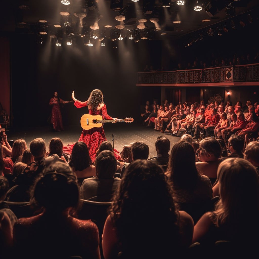 A panoramic shot of a Flamenco performance with audience applause.