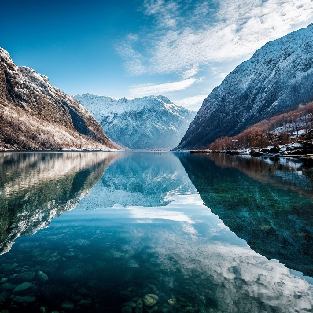 A panoramic shot of a scenic Norwegian fjord, with snow-capped peaks reflecting in the calm waters.