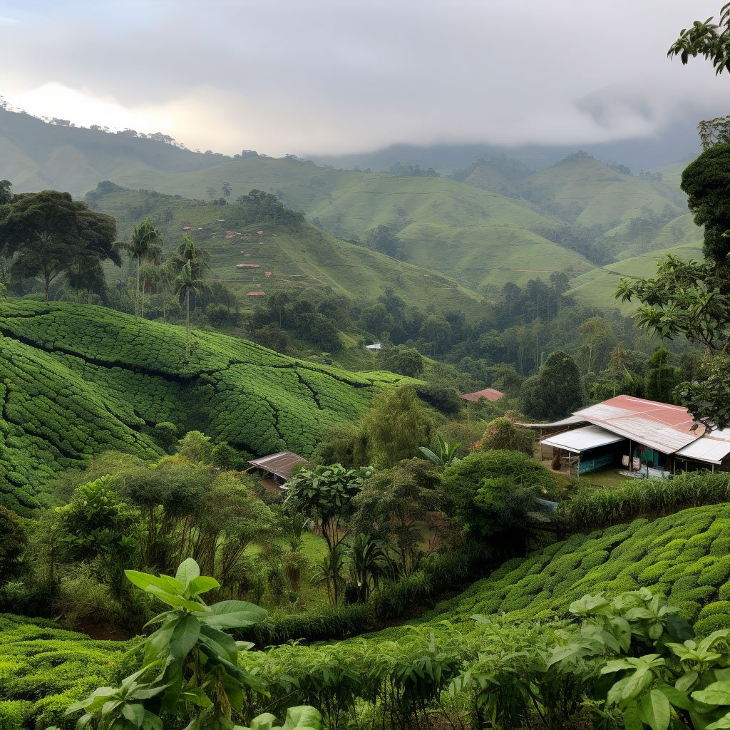 A panoramic shot of the Coffee Cultural Landscape showing the verdant coffee plantations spread across rolling hills.