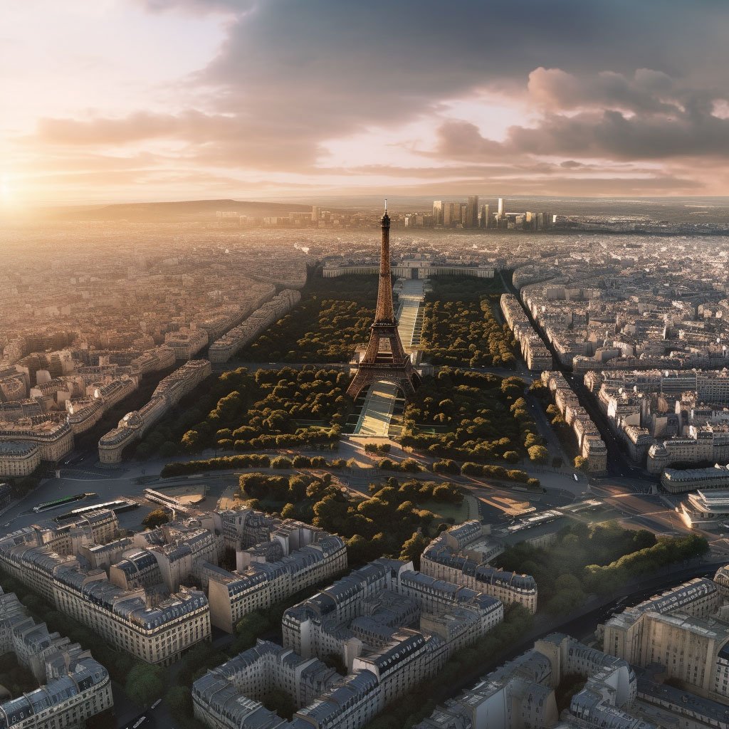 A panoramic shot of the Eiffel Tower with Paris cityscape in the background.
