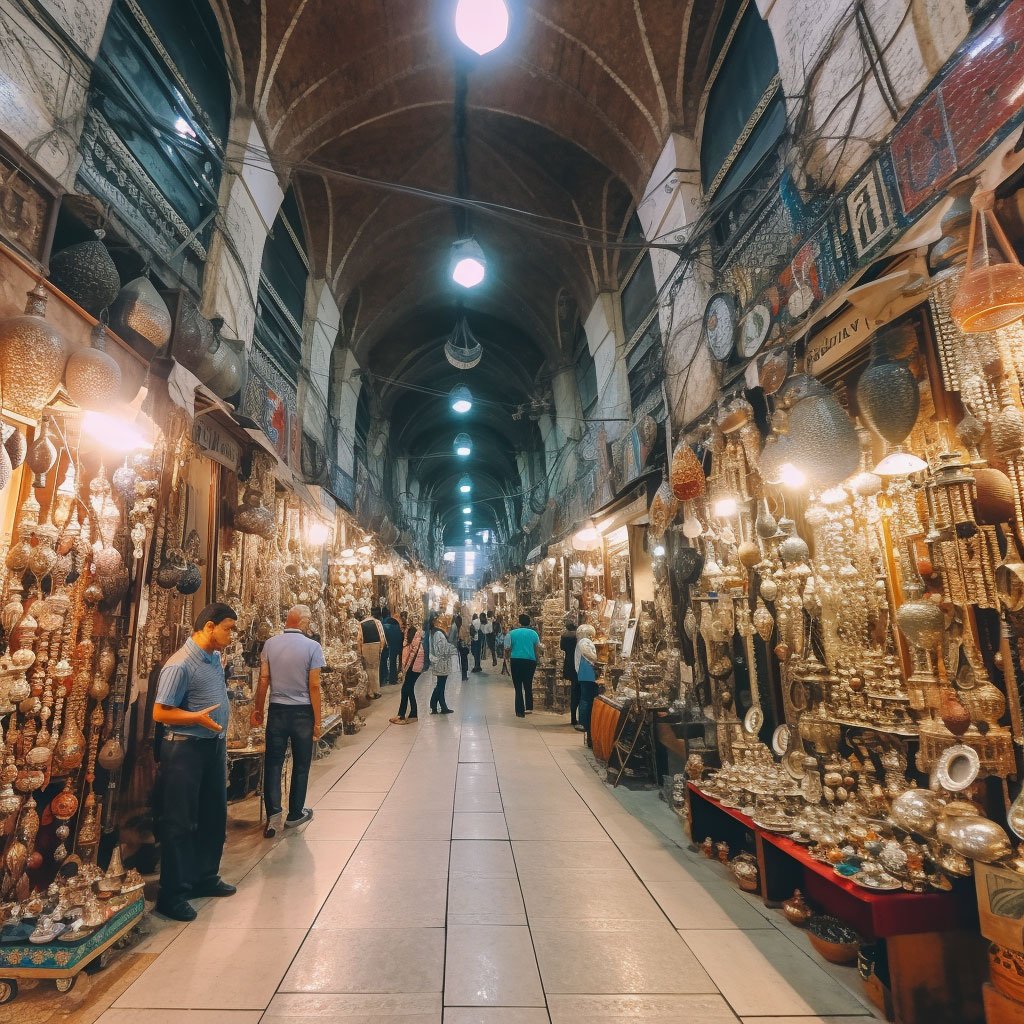 A panoramic shot of the Grand Bazaar showing the sprawling labyrinth of shops laden with an assortment of goods.