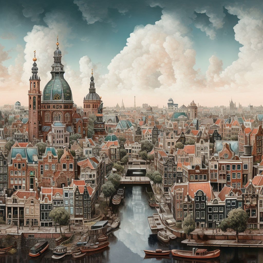 A panoramic view of Amsterdam’s iconic skyline, symbolizing the blend of historical and modern influences in the city.