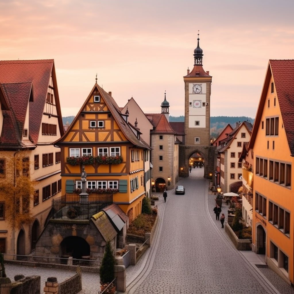 A panoramic view of Rothenburg ob der Tauber with its medieval architecture.