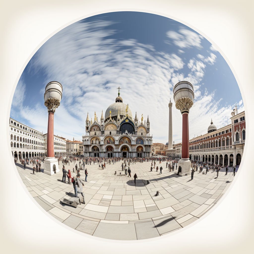 A panoramic view of St. Mark's Square featuring the St. Mark's Basilica and the Doge's Palace.