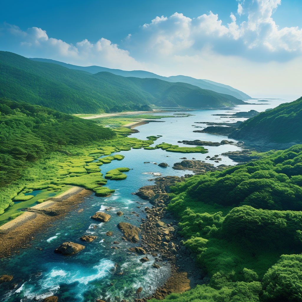 A panoramic view of a green landscape in South Korea, perhaps a lush forest or a pristine beach, that embodies the essence of eco-friendly travel.