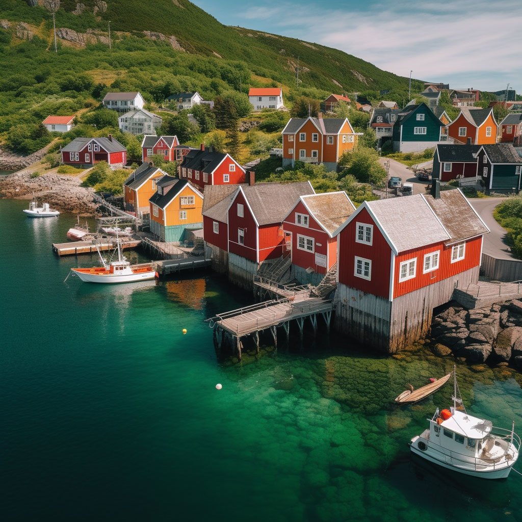 A panoramic view of a picturesque Norwegian coastal town with brightly colored houses and fishing boats.